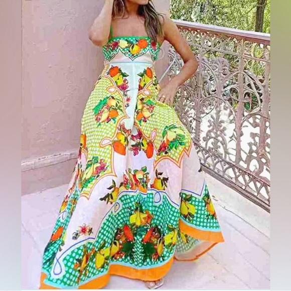 NWT Caroline Constas Multicolor Fruit Print Maxi Dress - Size Large - Picture 2 of 6